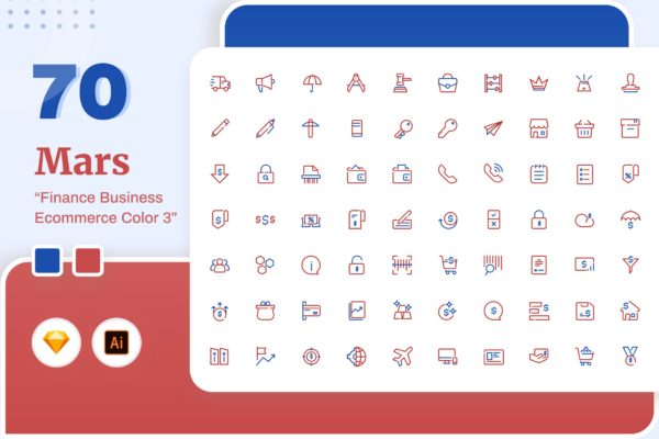 Mars系列-70枚互联网金融主题彩色矢量线性第一素材精选图标素材包v3 Mars – Finance Business Ecommerce Color 3