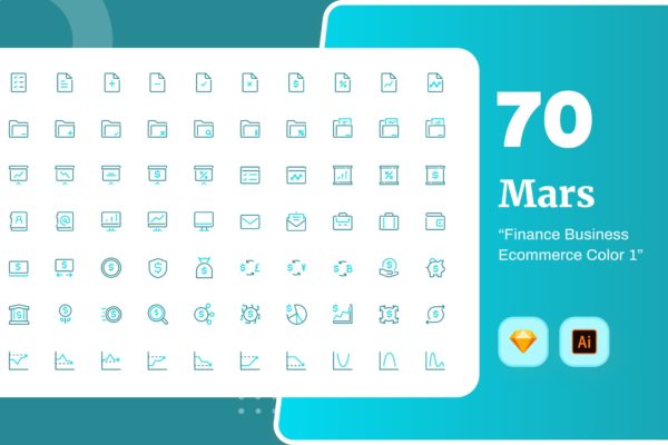 Mars系列-70枚互联网金融主题彩色矢量线性第一素材精选图标素材包v1 Mars – Finance Business Ecommerce Color 1