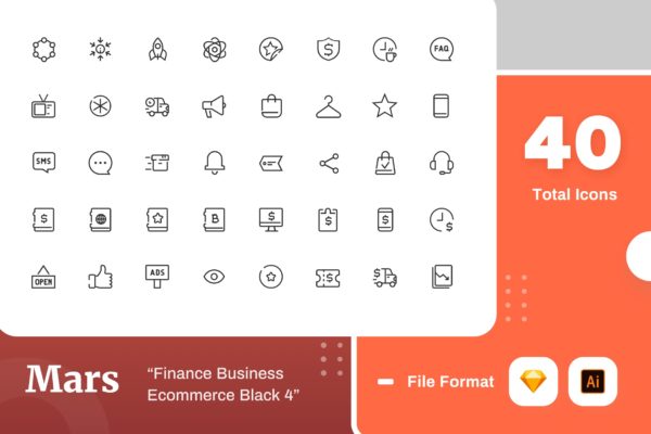 Mars系列-70枚互联网金融主题黑色矢量线性第一素材精选图标素材包v4 Mars – Finance Business Ecommerce Black 4