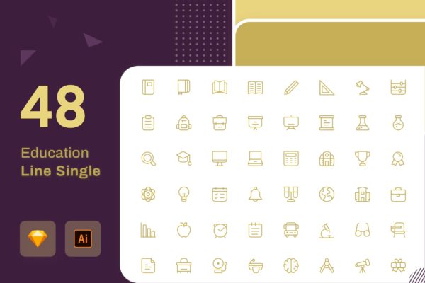 48枚教育行业主题黑色矢量线性第一素材精选图标素材 Education Icon Line Black