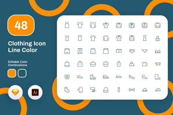 48枚服装主题彩色矢量线性蚂蚁素材精选图标 Clothing Icon Line Color