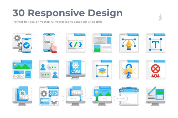 30枚扁平设计风格响应式网站设计第一素材精选图标 30 Responsive & Web Design Icons – Flat