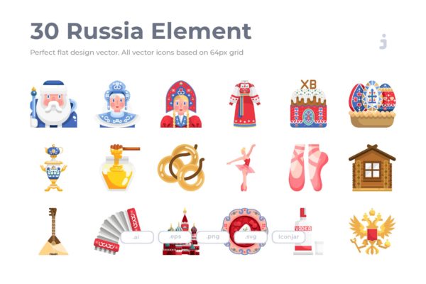 30枚扁平设计风格俄罗斯民族元素矢量蚂蚁素材精选图标 30 Russia Element Icons – Flat