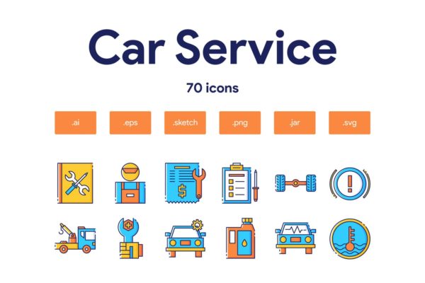 70枚汽车服务主题填色线性蚂蚁素材精选图标 Car Service Icon Set