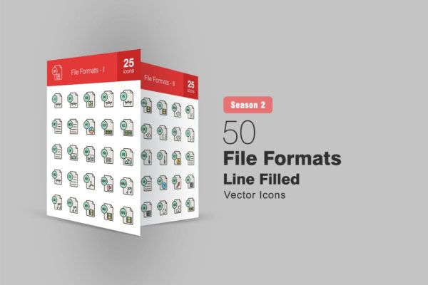 50枚文件格式填充线性第一素材精选图标 II 50 File Formats Filled Line Icons Season II