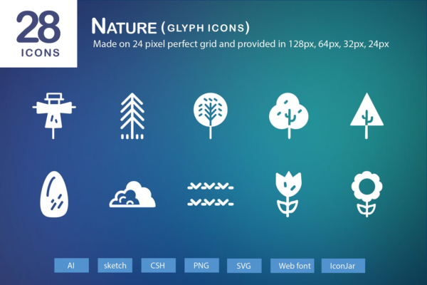 28个大自然元素字体第一素材精选图标 28 Nature Glyph Icons