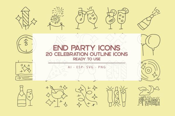 20枚跨年主题矢量轮廓蚂蚁素材精选图标 End Time Outline Icons Set