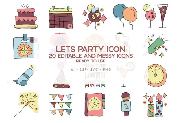 20枚活动派对主题手绘设计风格矢量第一素材精选图标 Let’s Party Icons Set