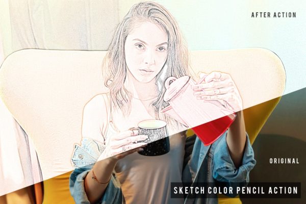 彩铅素描照片特效一键生成蚂蚁素材精选PS动作 Sketch Color Pencil Action