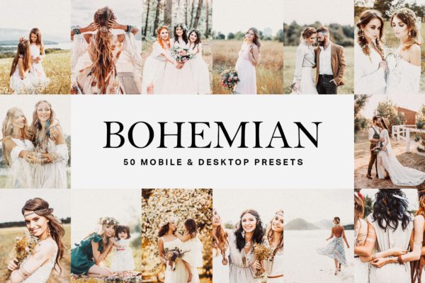 50种婚纱&人像摄影古铜色/明亮色调LR调色滤镜预设 50 Bohemian Lightroom Presets and LUTs