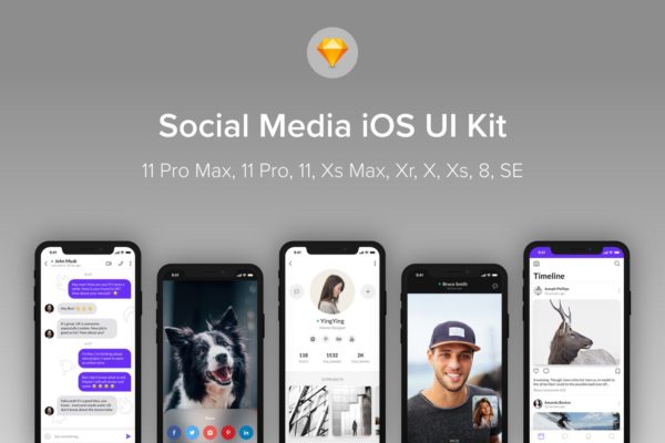 iOS平台社交媒体APP应用UI设计蚂蚁素材精选套件[for SKETCH] Social Media iOS UI Kit (Sketch)