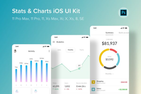 iOS平台数据统计信息图表界面UI设计蚂蚁素材精选套件PSD模板 Stats & Charts iOS UI Kit (Photoshop)