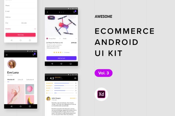 安卓手机电商平台APP应用UI设计v3[XD] Android UI Kit – Ecommerce Vol. 3 (Adobe XD)