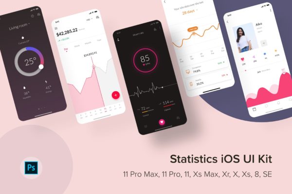iOS平台数据统计分析APP应用UI设计第一素材精选套件PSD模板 Statistics iOS UI Kit (Photoshop)