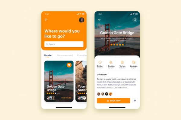 旅游出行预订APP应用首页&预订界面设计蚂蚁素材精选模板 Travel Booking Mobile App UI Kit Template