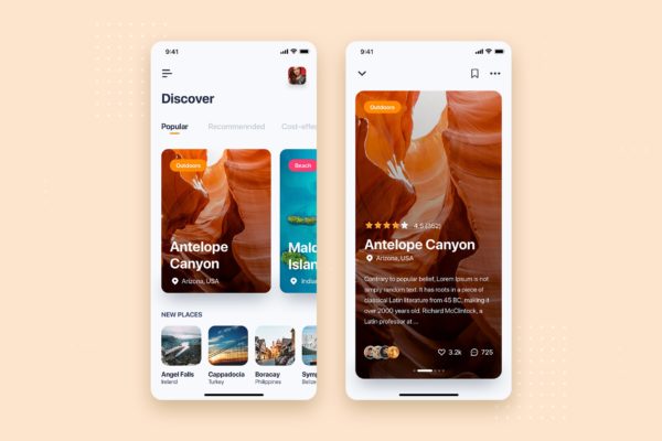 旅游社交APP应用首页&景点分享界面设计第一素材精选模板 Travel Mobile App UI Kit Template