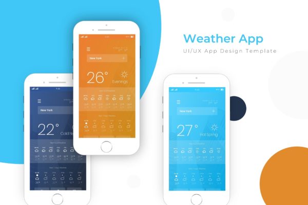 天气预报APP应用界面设计蚂蚁素材精选模板 Weather Template | App Design Template