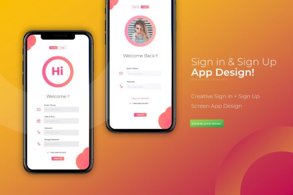 现代设计风格APP应用注册登录界面设计蚂蚁素材精选模板 Modern Login＆ Sign Up | App Design