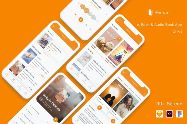 电子书&有声读物APP应用UI设计蚂蚁素材精选套件 Meron – e-Book and Audio Book App UI Kit