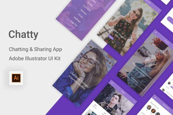 社交聊天&分享APP应用UI设计第一素材精选套件 Chatty – Chatting & Sharing App -Adobe Illustrator