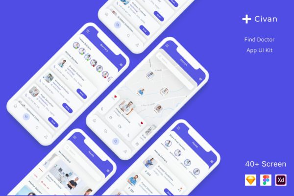 医生预约平台APP应用UI设计蚂蚁素材精选套件 Civan – Find Doctor App UI Kit
