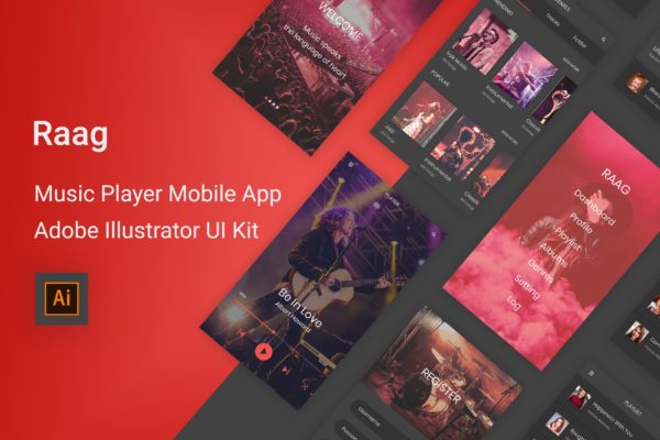 音乐听歌APP应用UI设计第一素材精选套件 Raag – Music Player UI Kit for Adobe Illustrator