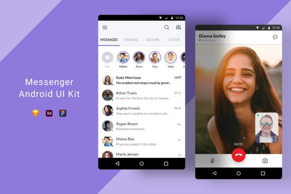 Android平台社交APP好友列表&视频通话界面设计第一素材精选模板 Messenger Android UI Kit