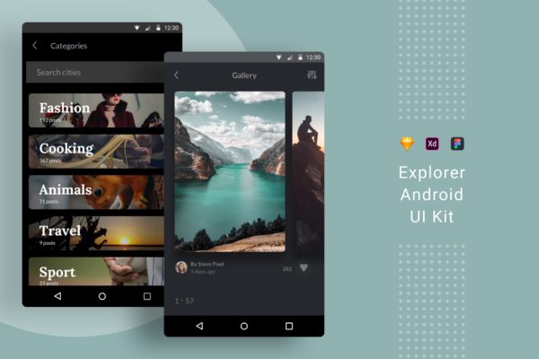 Android手机应用分类导航&相册界面设计第一素材精选模板 Explorer Android UI Kit