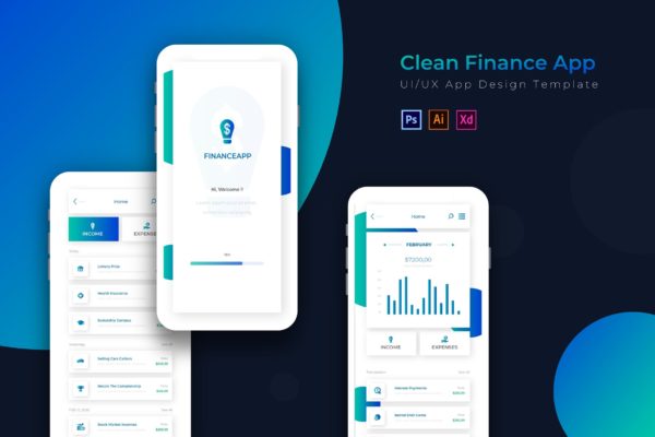 简约风金融APP应用UI设计第一素材精选模板[AI, PSD&XD] Clean Finance | App Design Template