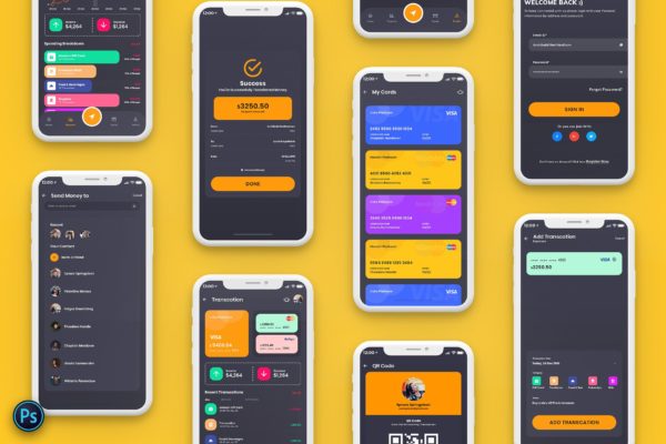 网上银行/支付工具/电子钱包APP应用UI设计蚂蚁素材精选套件[黑暗模式] Finance Mobile App Template UI Kit Dark Version