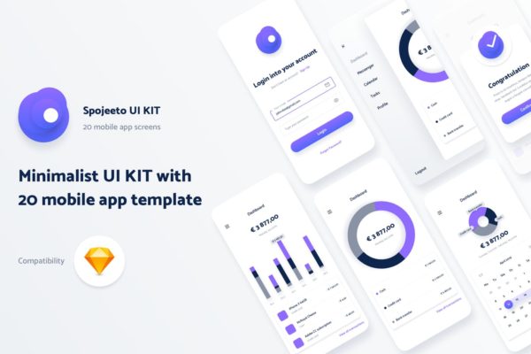 极简主义设计风格APP应用UI设计蚂蚁素材精选套件v1 Spojeeto Mobile App UI Kit