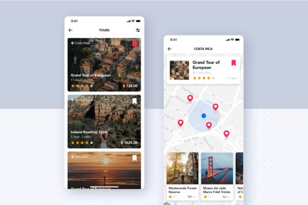 旅游指南APP应用旅游景点列表&地图界面设计蚂蚁素材精选模板 Tours Guide UI Concept for Travel & Map