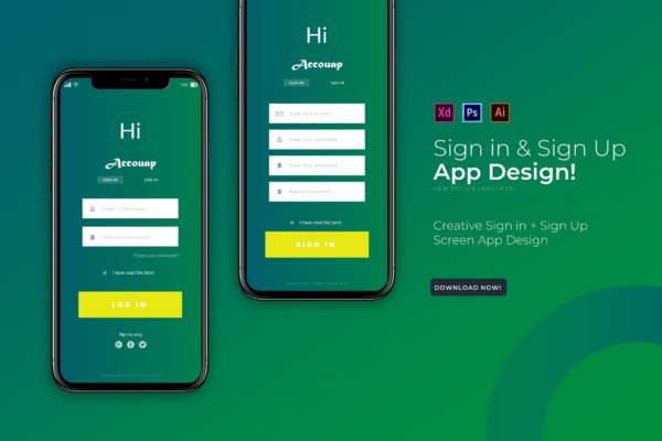 APP应用用户注册登录界面设计第一素材精选模板[AI, PSD, XD] Accouapp Sign In & Login | App  Template