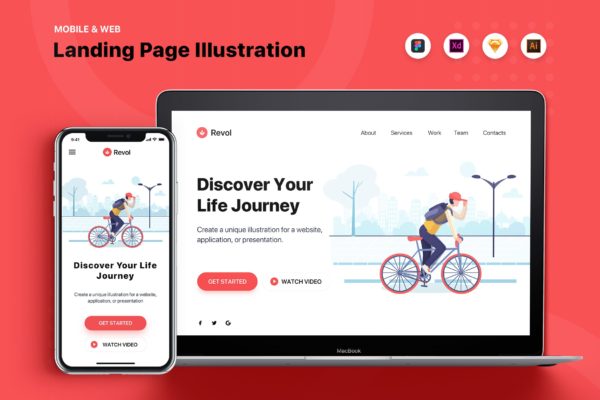 自行车运动主题网站Banner&着陆页设计插画素材 Revol – Banner & Landing Page