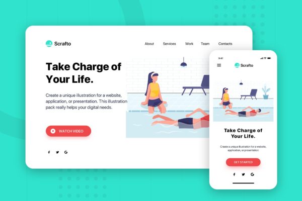游泳/游泳池主题网站Banner&着陆页设计插画素材 Scrafto – Banner & Landing Page