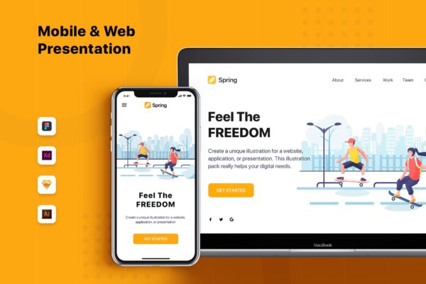 滑板运动主题网站Banner&着陆页设计插画素材 Spring – Banner & Landing Page