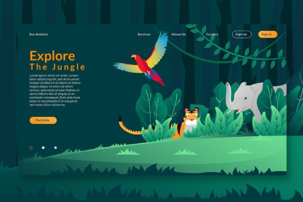 丛林探险主题网站概念插画设计素材 Explore The Jungle – Web Header & Vector GR