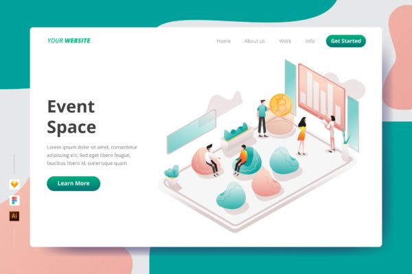 工作场所活动空间矢量插画网站着陆页设计蚂蚁素材精选模板 Event Space – Landing Page