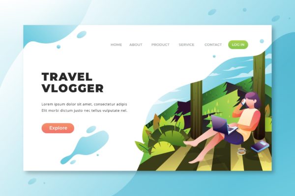 旅游vlog博主矢量插画网站着陆页设计PSD&AI模板 Travel Vlogger – PSD and AI Vector Landing Page