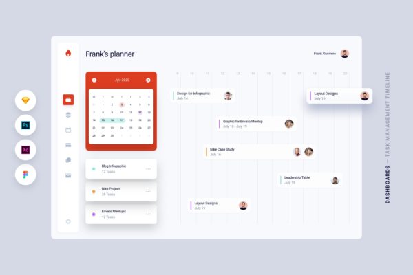 任务管理服务应用时间轴Web客户端UI设计蚂蚁素材精选模板 Dashboard – Task Management Timeline App UI Kit