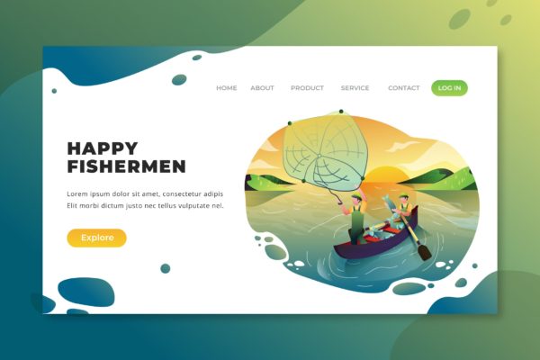 快乐渔夫主题插画网站着陆页设计PSD&AI模板 Happy Fishermen – PSD and AI Vector Landing Page