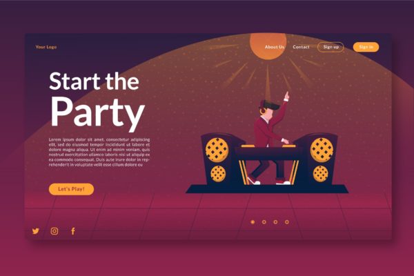 活动派对主题插画网站着陆页设计第一素材精选模板 Start the Party – Landing page GR