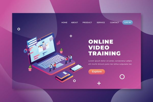 在线视频培训主题插画网站着陆页设计PSD&AI模板 Online Video Training – PSD and AI Landing Page