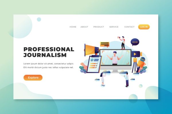 新闻工作者矢量插画网站着陆页设计PSD&AI模板 Professional Journalism – PSD and AI Landing Page