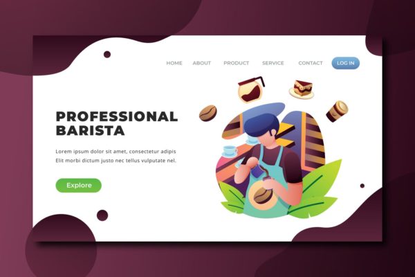 专业咖啡师矢量插画网站着陆页设计PSD&AI模板 Professional Barista – PSD and AI Landing Page
