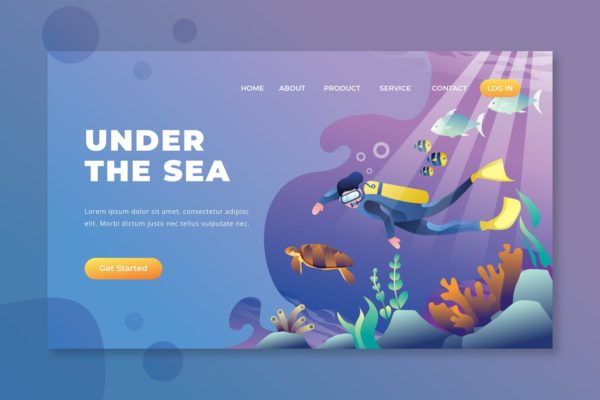 海底世界主题矢量插画网站着陆页设计PSD&AI模板 Under The Sea – PSD and AI Vector Landing Page