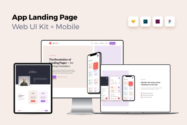 iOS端APP应用产品网站着陆页设计第一素材精选套件v2 iOS App Landing Page – Web UI Kit + Mobile – 2