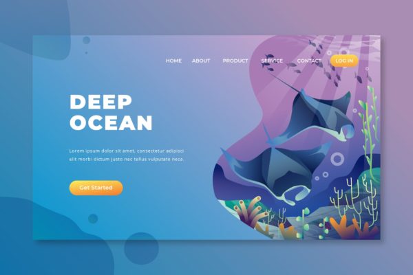 深海海洋主题插画网站着陆页设计第一素材精选模板 Deep Ocean – PSD and AI Vector Landing Page
