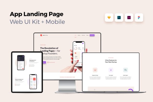 iOS端APP应用产品网站着陆页设计第一素材精选套件v1 iOS App Landing Page – Web UI Kit + Mobile – 1