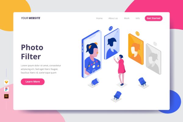 照片过滤器矢量插画网站着陆页设计蚂蚁素材精选模板 Photo Filter – Landing Page